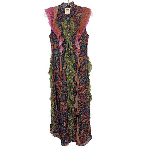 Farm Rio Multicolor Tropical Pineapple Leaf Print Ruffle Maxi Dress - Size Small - Picture 1 of 6